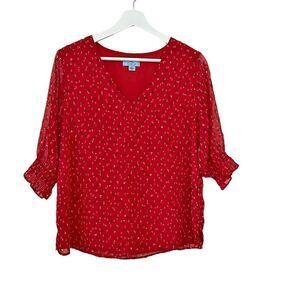 CeCe Red Short Ruffle Sleeve Floral V-Neck Blouse